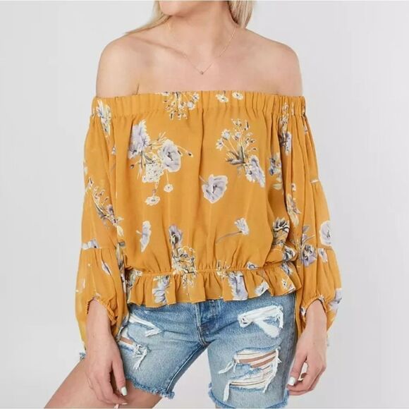The Buckle Willow & Root Mustard Floral Off Shoulder Long Skeeve Chiffon Top - Picture 1 of 16